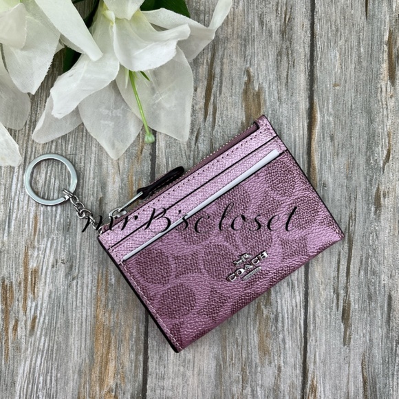 Coach Mini Skinny Id Case In Signature Canvas & Pink Metallic WalletBag Purse - Picture 7 of 7